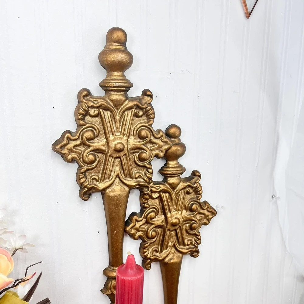Vintage Hoda Gilt Wall Sconce Pair | 16" Ornate Gold Taper Candle Holders